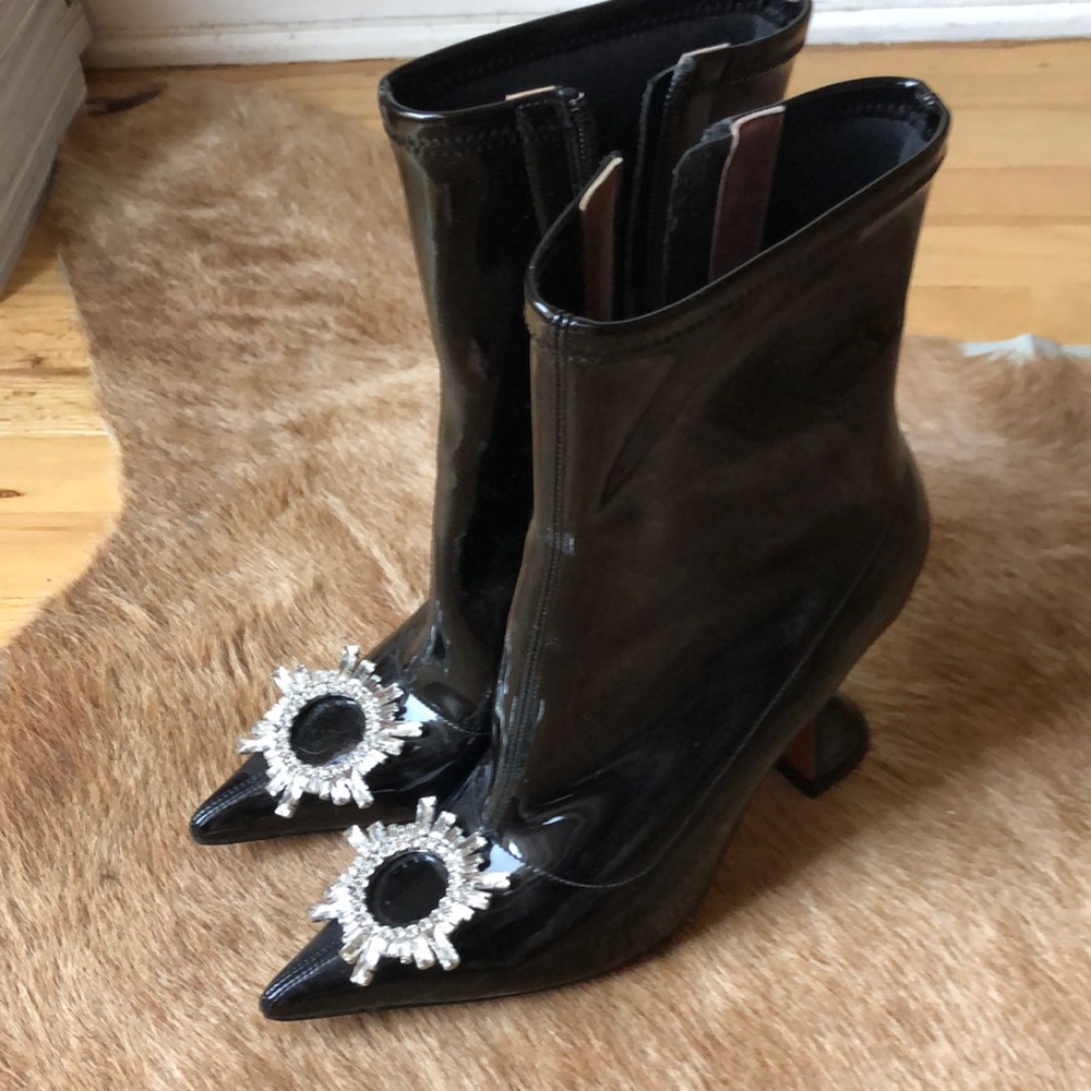 Amina Muaddi Elegant Black Ankle Boots with Crystal Embellishment size 38